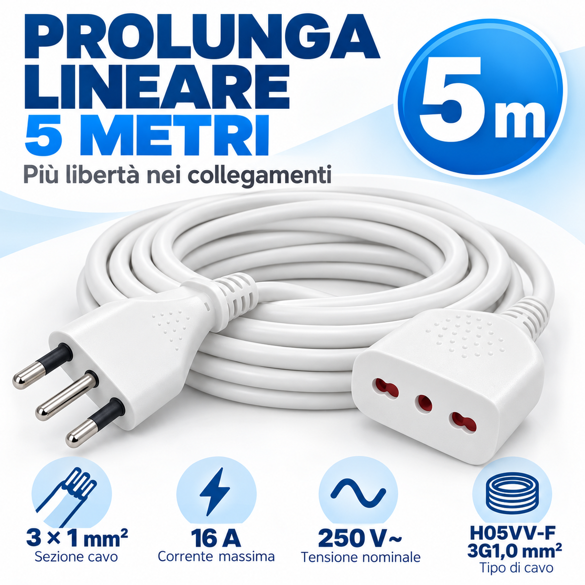 Prolunga bianca 5 metri con spina italiana 16 A e presa bipasso - immagine 2
