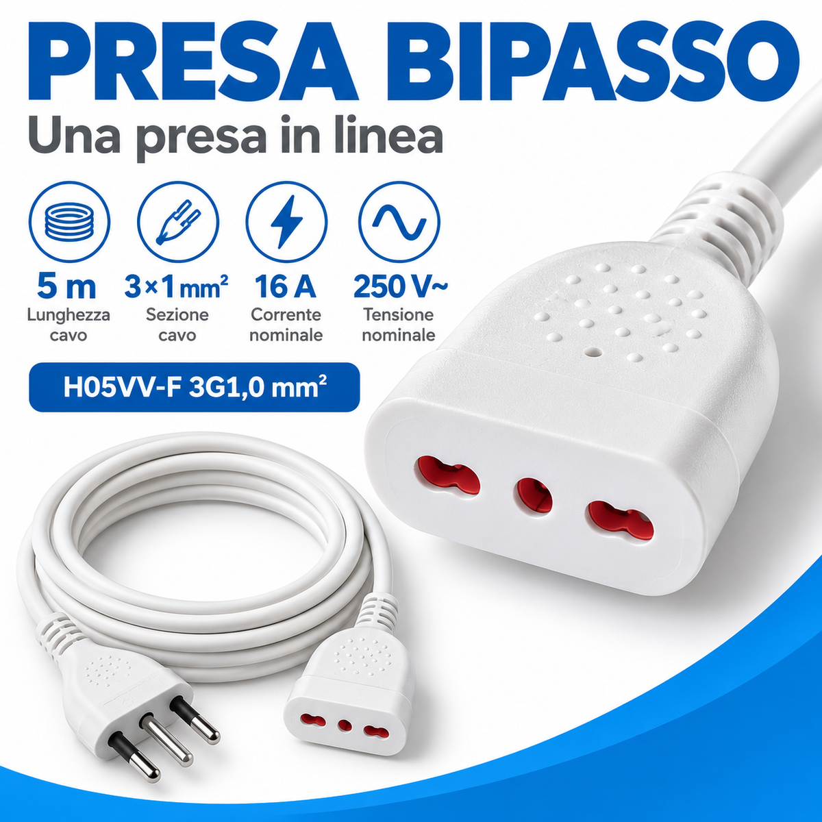 Prolunga bianca 5 metri con spina italiana 16 A e presa bipasso - immagine 3