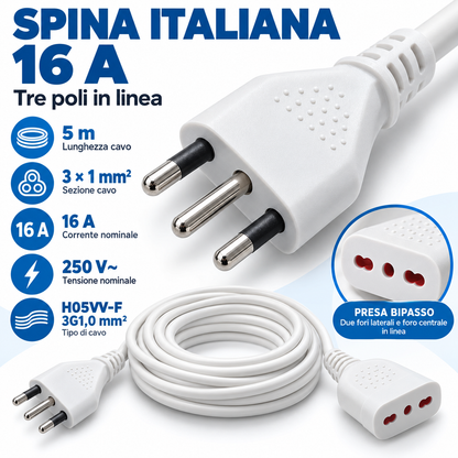 Prolunga bianca 5 metri con spina italiana 16 A e presa bipasso - immagine 4