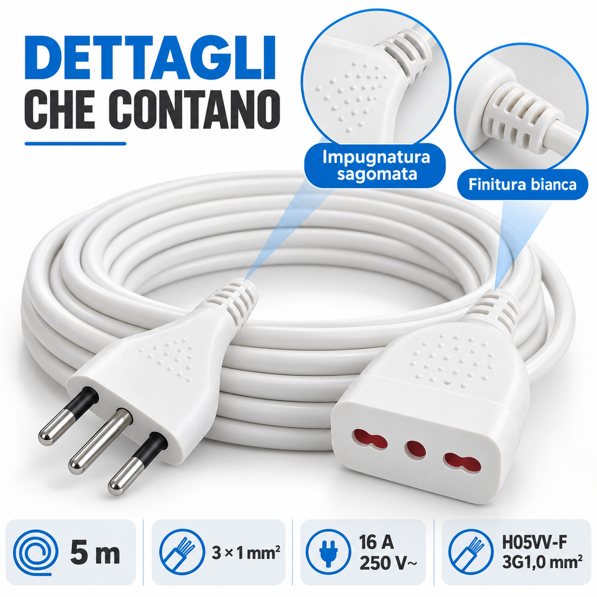 Prolunga bianca 5 metri con spina italiana 16 A e presa bipasso - immagine 6
