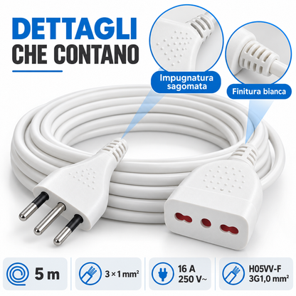 Prolunga bianca 5 metri con spina italiana 16 A e presa bipasso - immagine 6