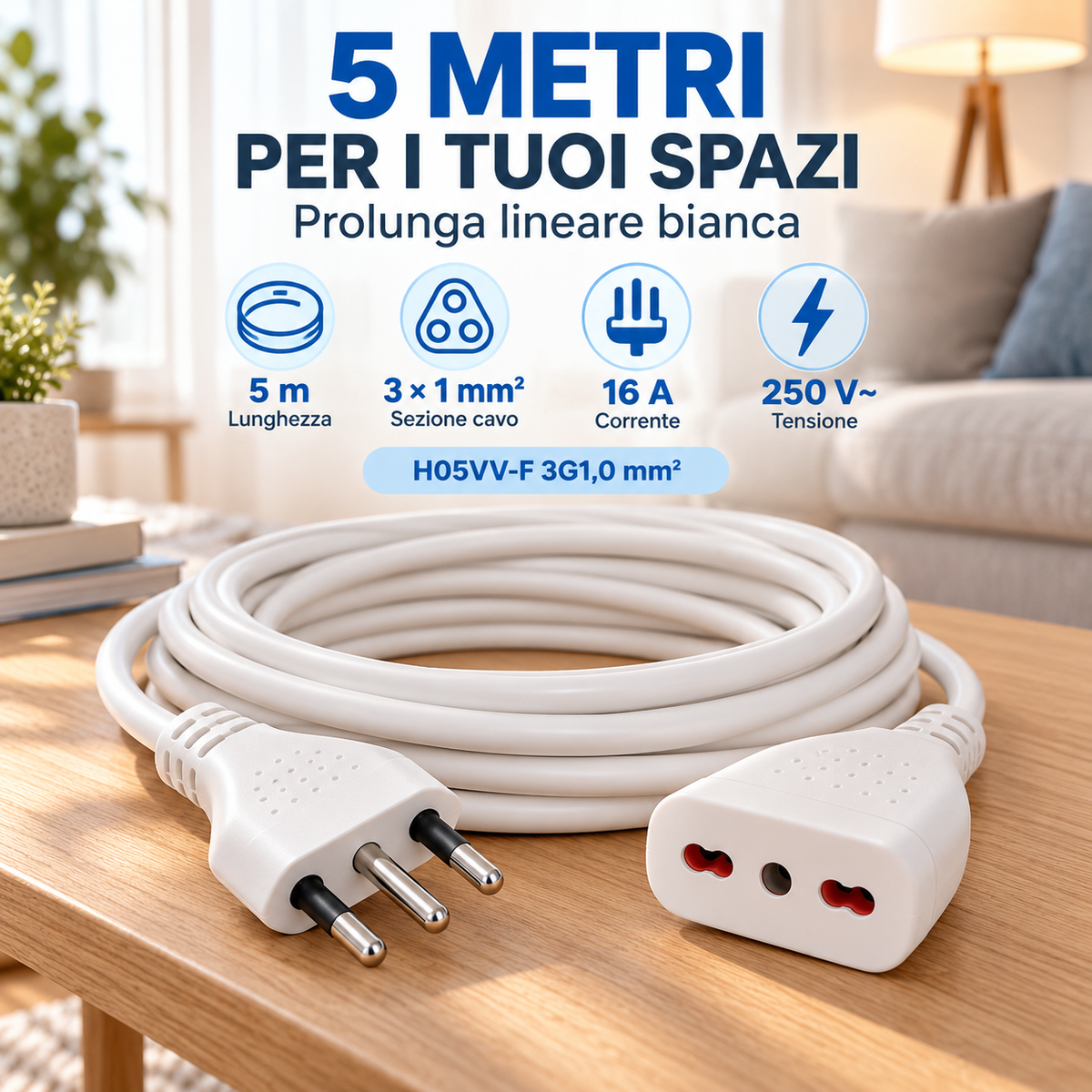 Prolunga bianca 5 metri con spina italiana 16 A e presa bipasso - immagine 8