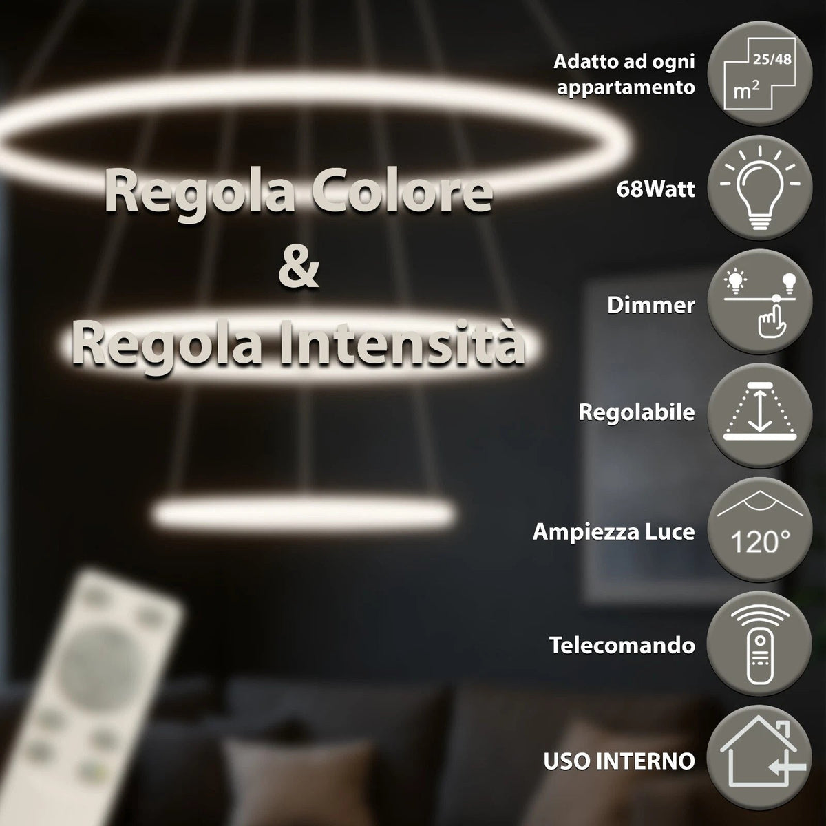 Lampadario LED bianco moderno a 3 anelli sospesi da soffitto 68W