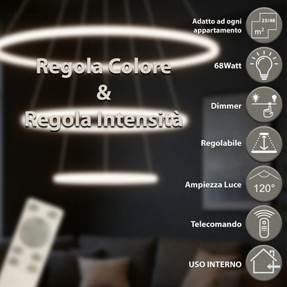Lampadario LED bianco moderno a 3 anelli sospesi da soffitto 68W