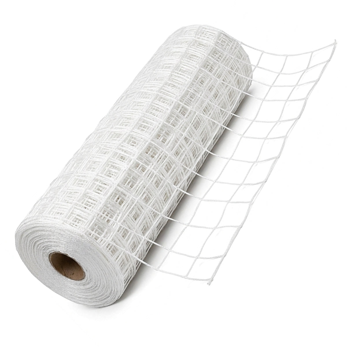 Rotolo di rete bianca a maglie quadrate con supporto rampicante arrotolato.