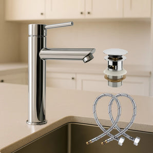 Rubinetto Bagno Cromato Monocomando con Piletta e Flessibili