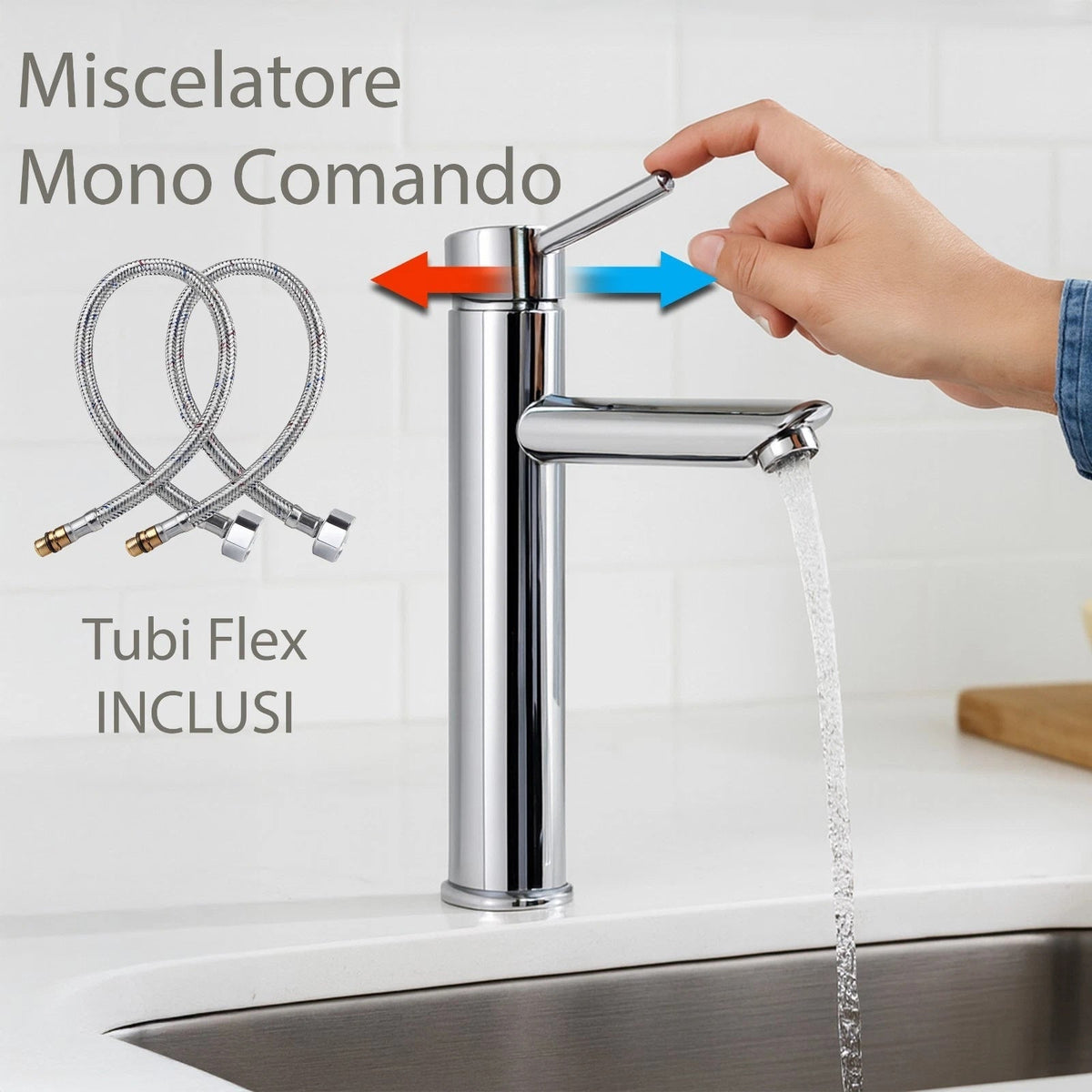 Rubinetto Bagno Cromato Monocomando con Piletta e Flessibili