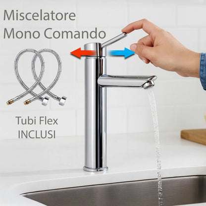 Rubinetto Bagno Cromato Monocomando con Piletta e Flessibili