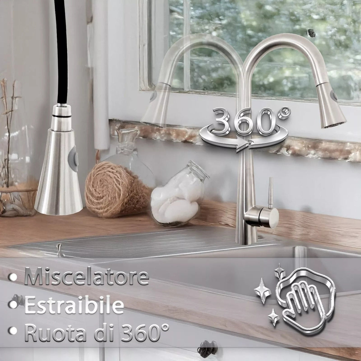 Rubinetto Cucina in Acciaio Inox Direzionabile con Miscelatore Estraibile