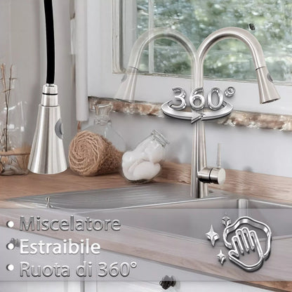 Rubinetto Cucina in Acciaio Inox Direzionabile con Miscelatore Estraibile