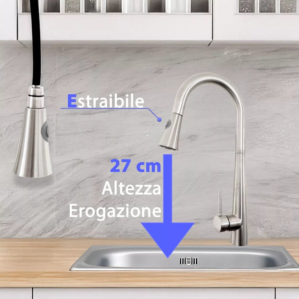 Rubinetto Cucina in Acciaio Inox Direzionabile con Miscelatore Estraibile