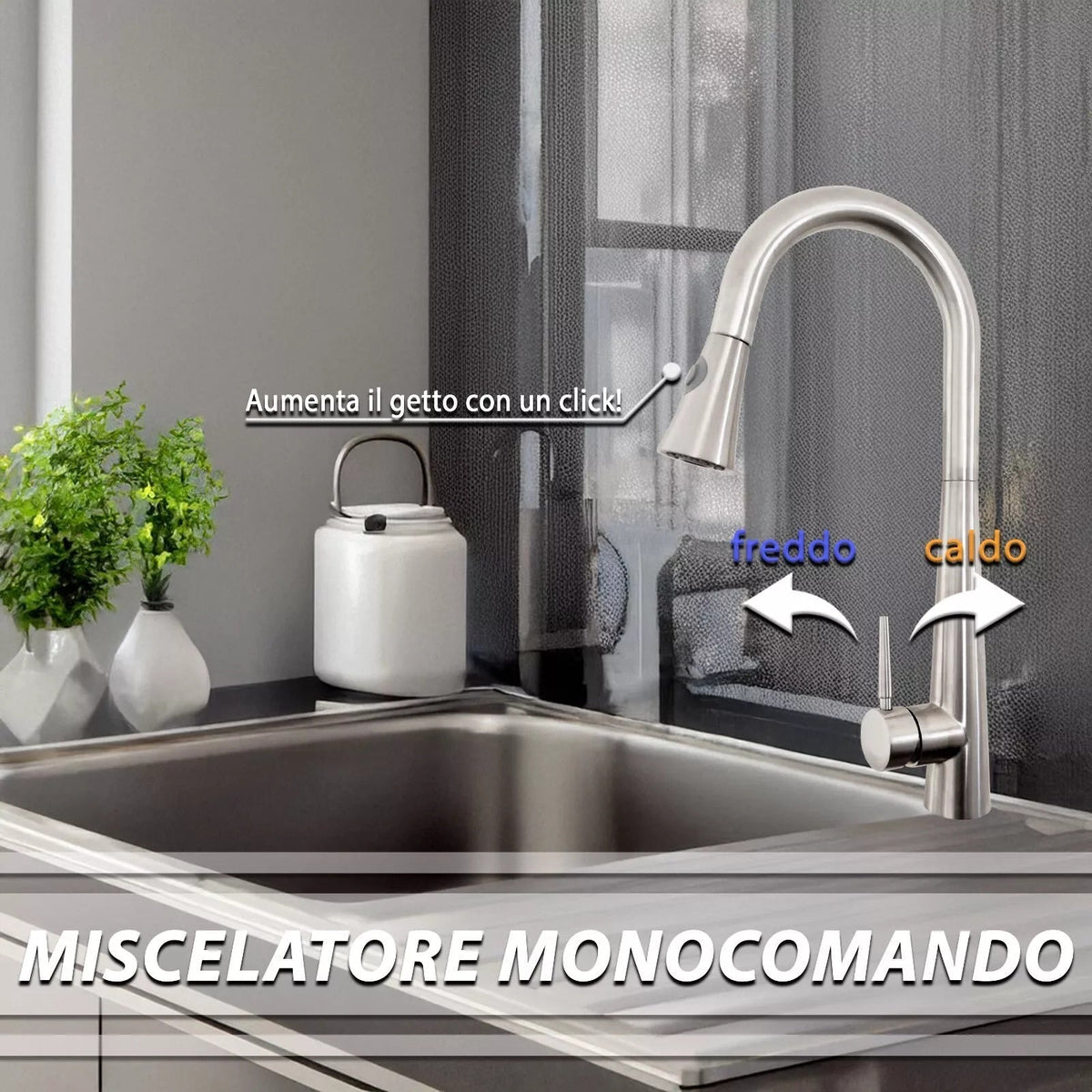 Rubinetto Cucina in Acciaio Inox Direzionabile con Miscelatore Estraibile