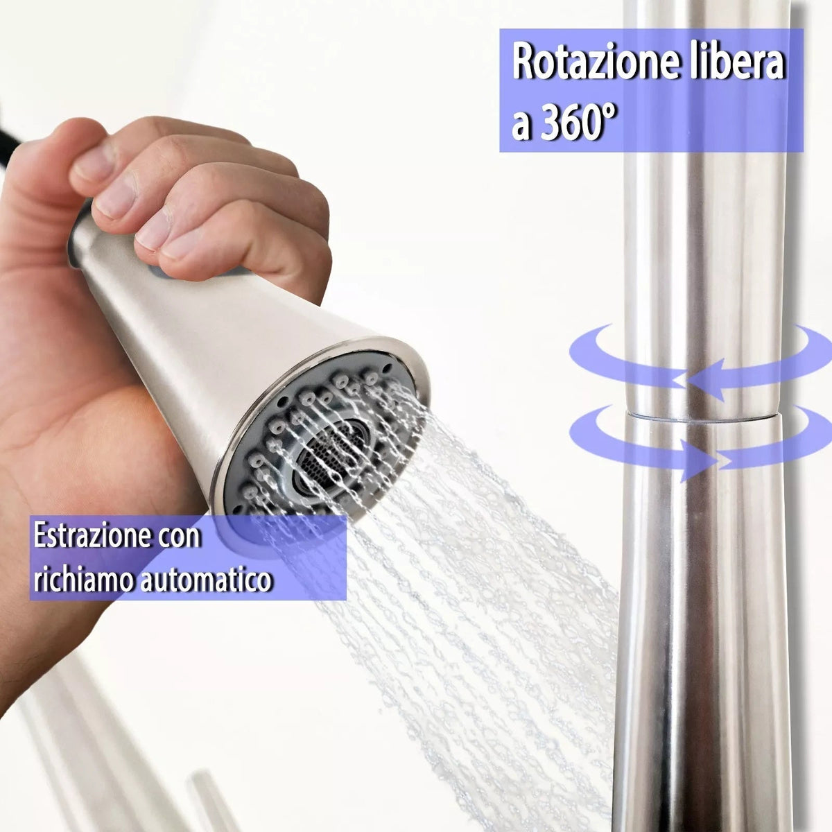 Rubinetto Cucina in Acciaio Inox Direzionabile con Miscelatore Estraibile