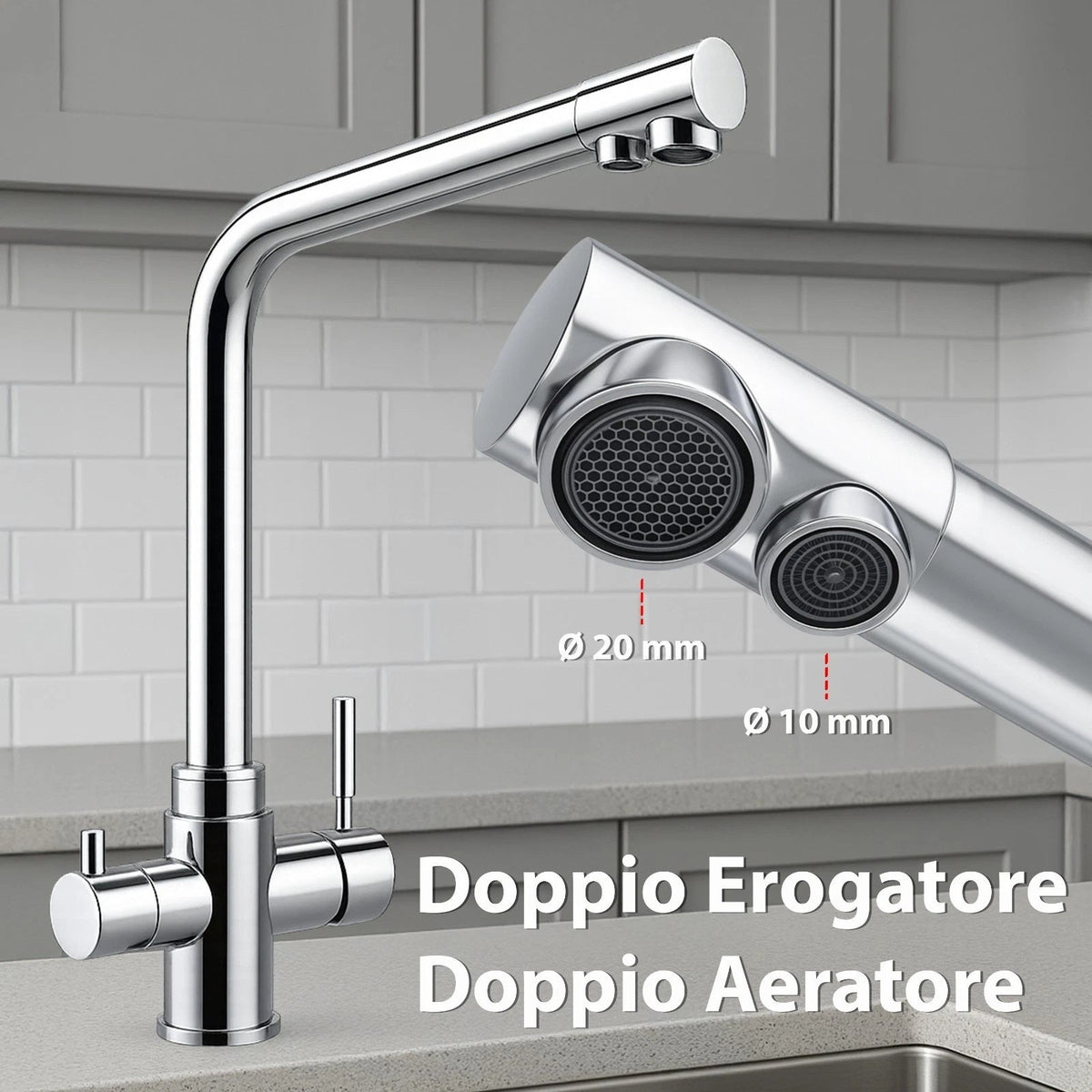 Rubinetto cucina 3 vie acqua potabile e miscelata con doppia leva