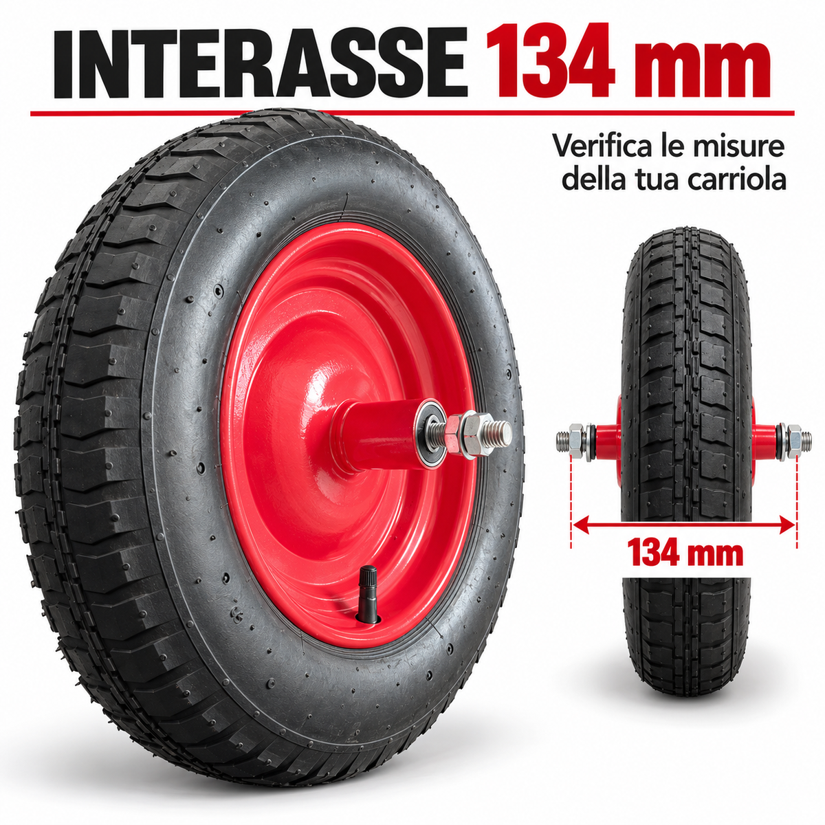 Ruota pneumatica carriola interasse 134 mm con cerchio rosso