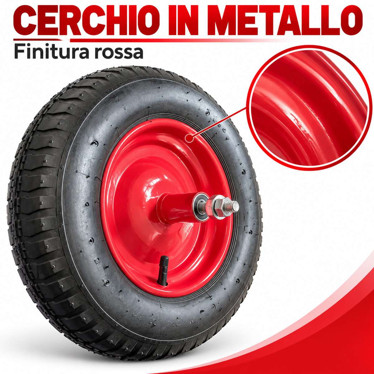Ruota pneumatica carriola interasse 134 mm con cerchio rosso