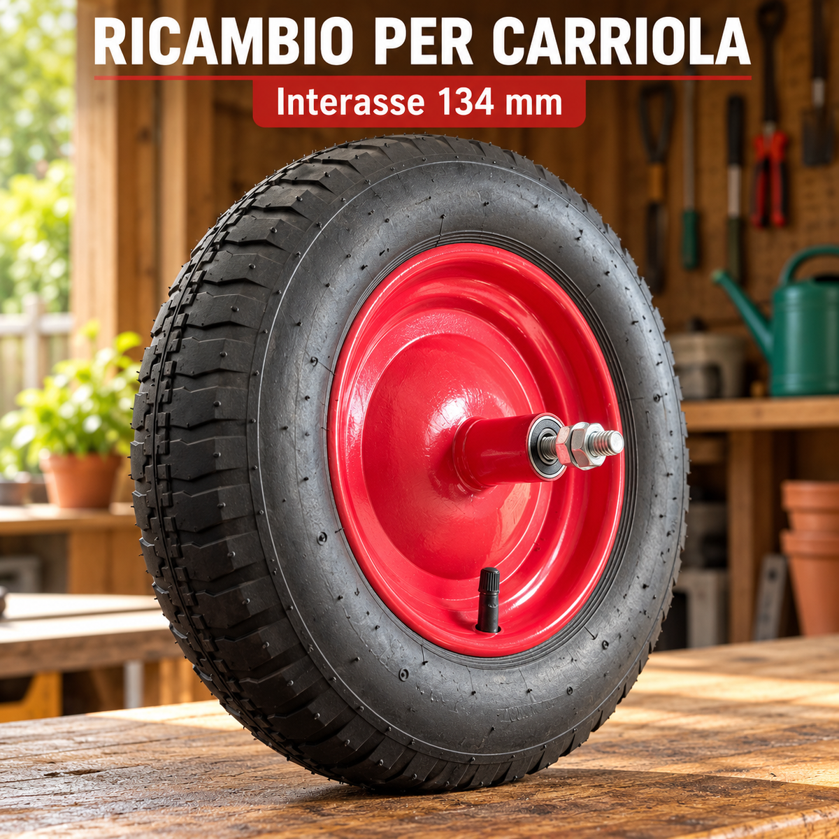 Ruota pneumatica carriola interasse 134 mm con cerchio rosso