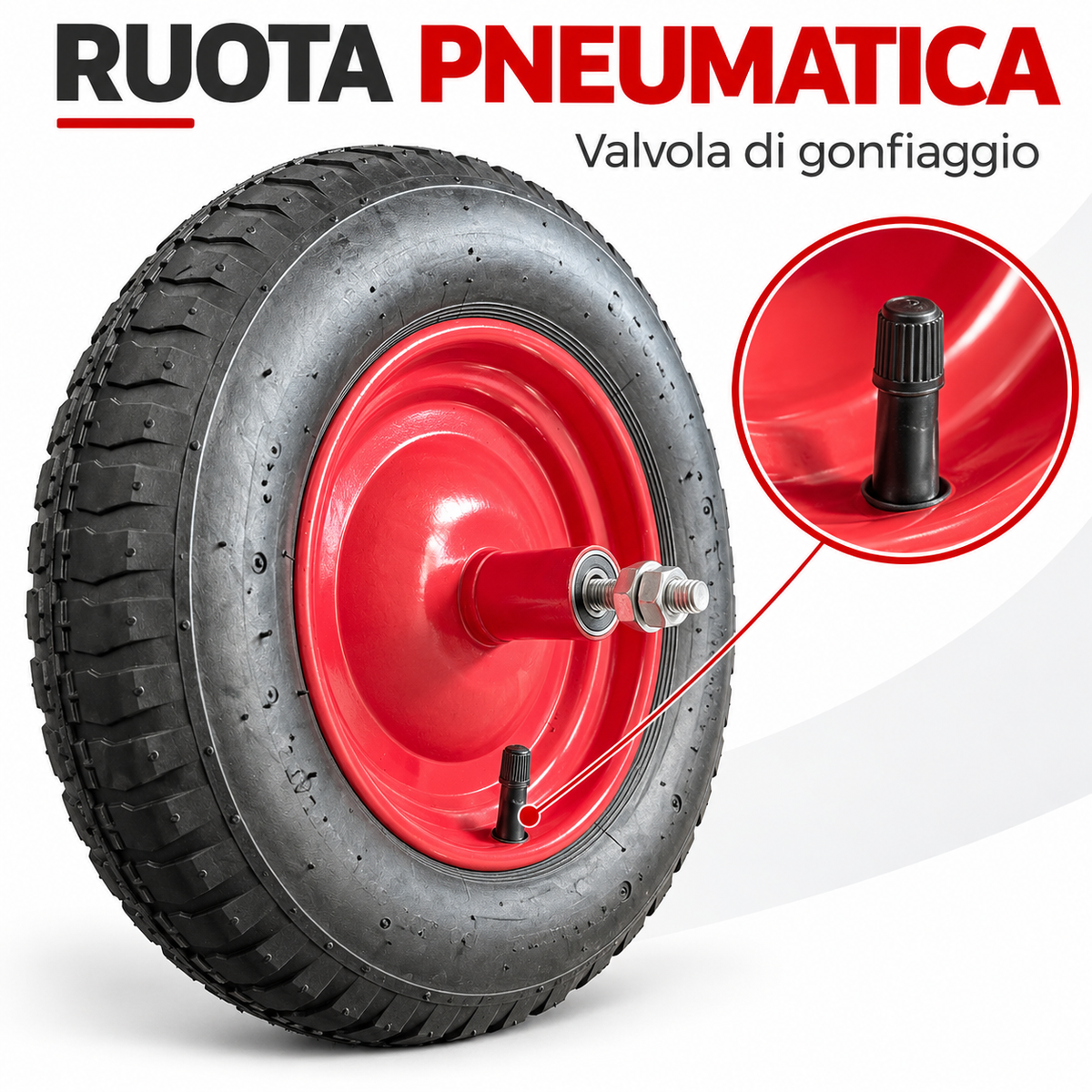 Ruota pneumatica carriola interasse 134 mm con cerchio rosso