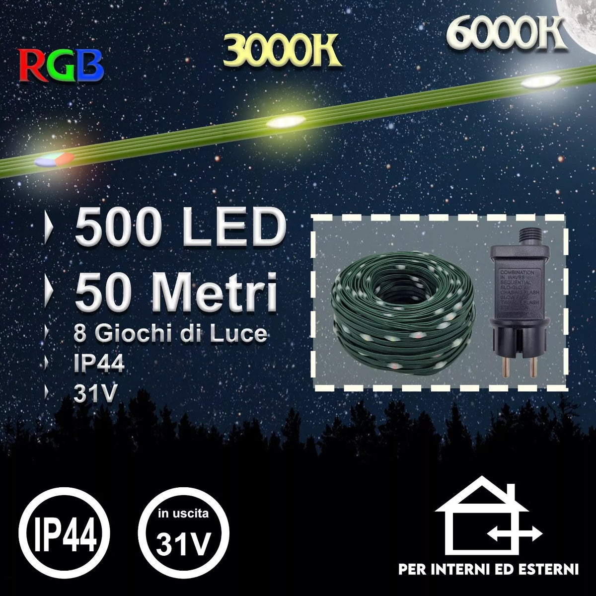 Luci di Natale 500 LED 50m Catena Luminosa con Giochi di Luce IP44 Interno Esterno