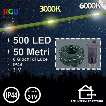 Luci di Natale 500 LED 50m Catena Luminosa con Giochi di Luce IP44 Interno Esterno