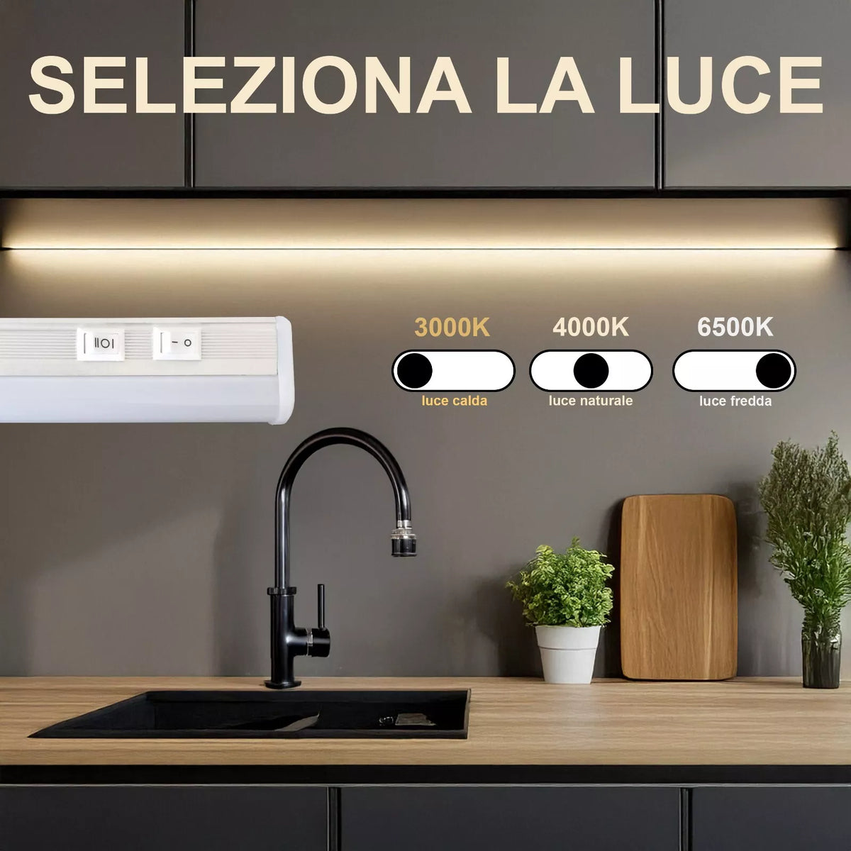 Barra LED Sottopensile Basso Consumo per Cucina con Cambio Luce e Kit Fissaggio