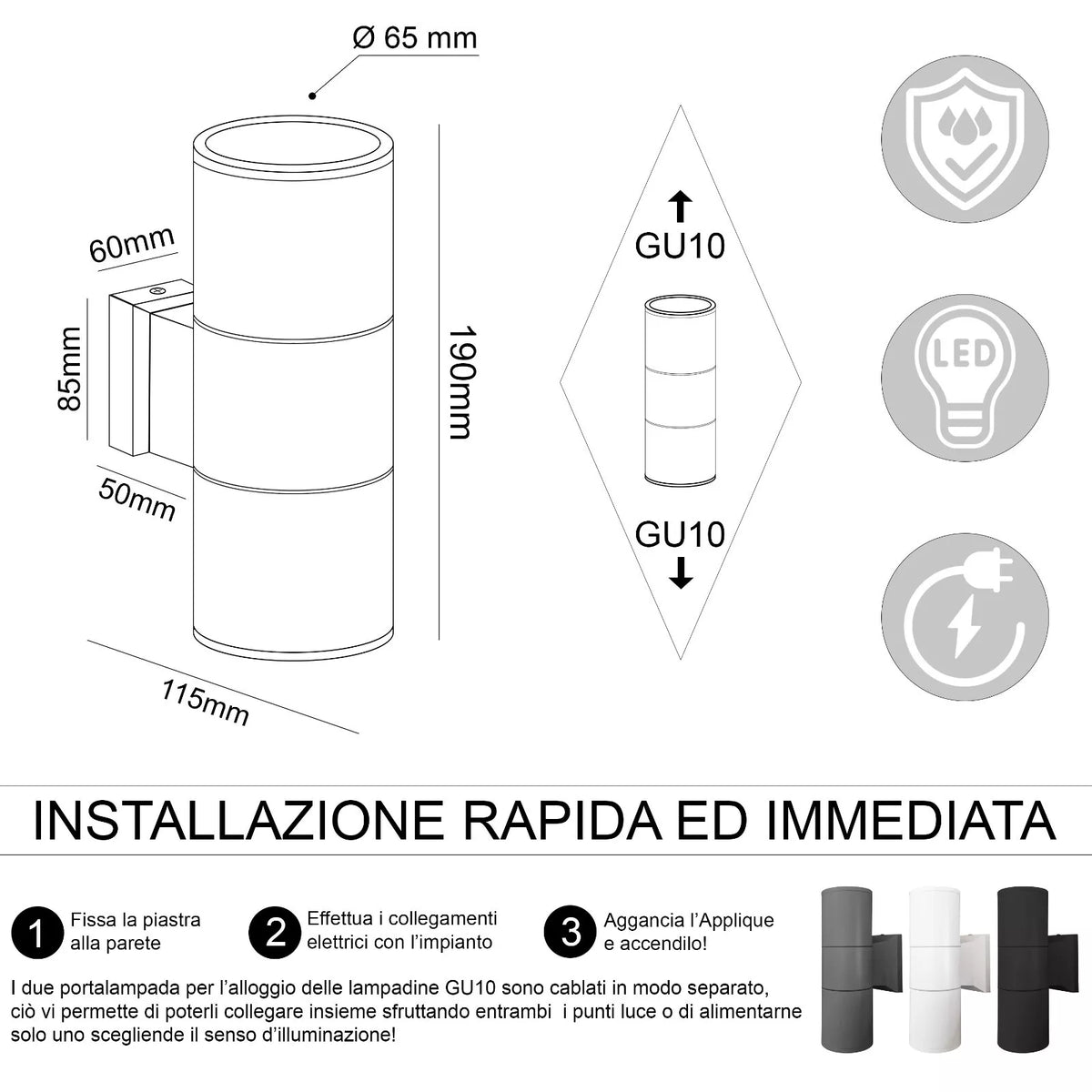 Coppia Lampade per Parete IP54 Up & Down 60W vari modelli esterno minimal