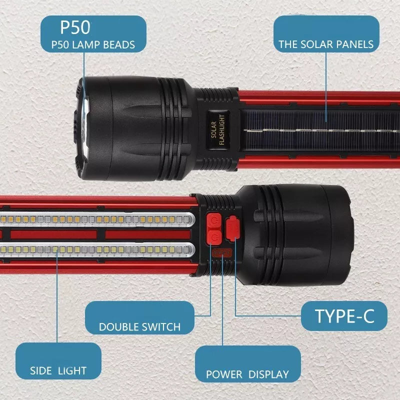 Torcia LED Tattica Militare Ricaricabile USB e Solare, Ultra Potente IP66