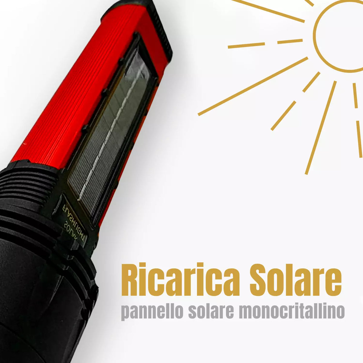 Torcia LED Tattica Militare Ricaricabile USB e Solare, Ultra Potente IP66