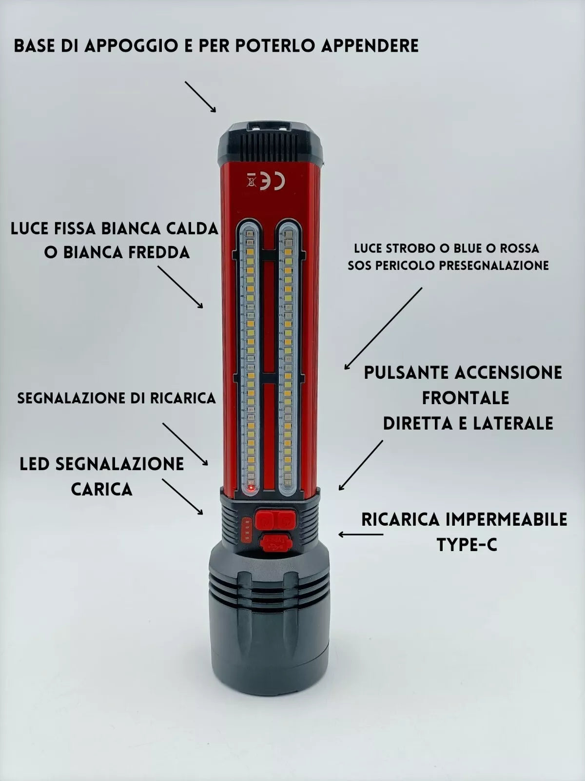 Torcia LED Tattica Militare Ricaricabile USB e Solare, Ultra Potente IP66