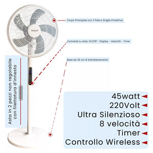 Ventilatore a piantana turbo 45W, 8 velocità, potente, silenzioso e leggero