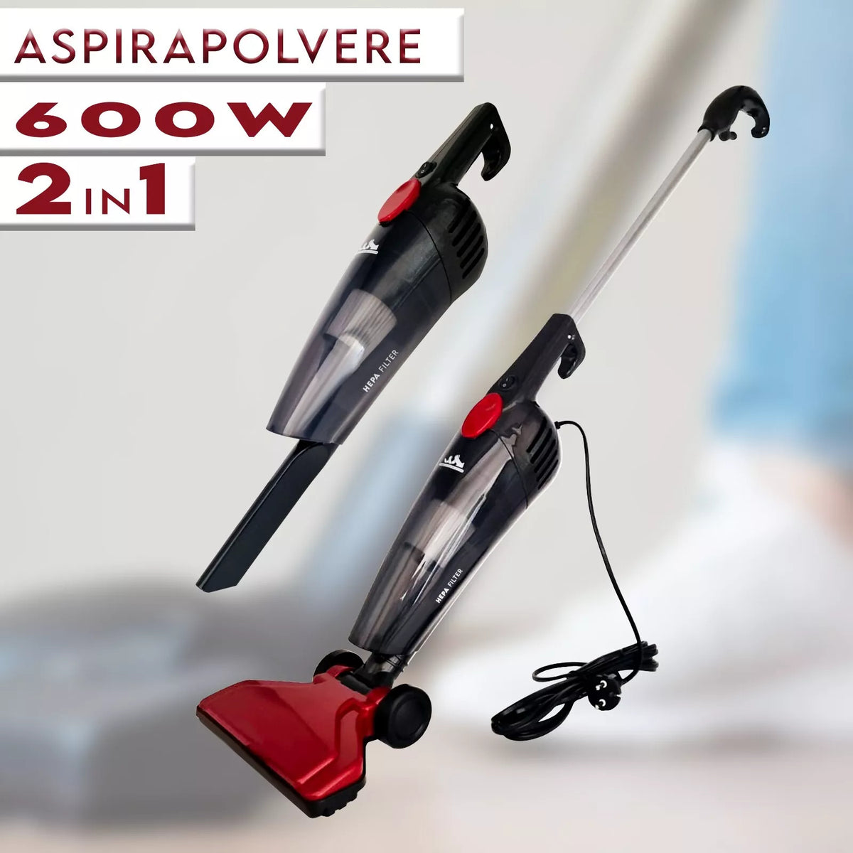 Scopa Elettrica Ciclonica 2 in 1 con Filtro HEPA Lavabile, 600W
