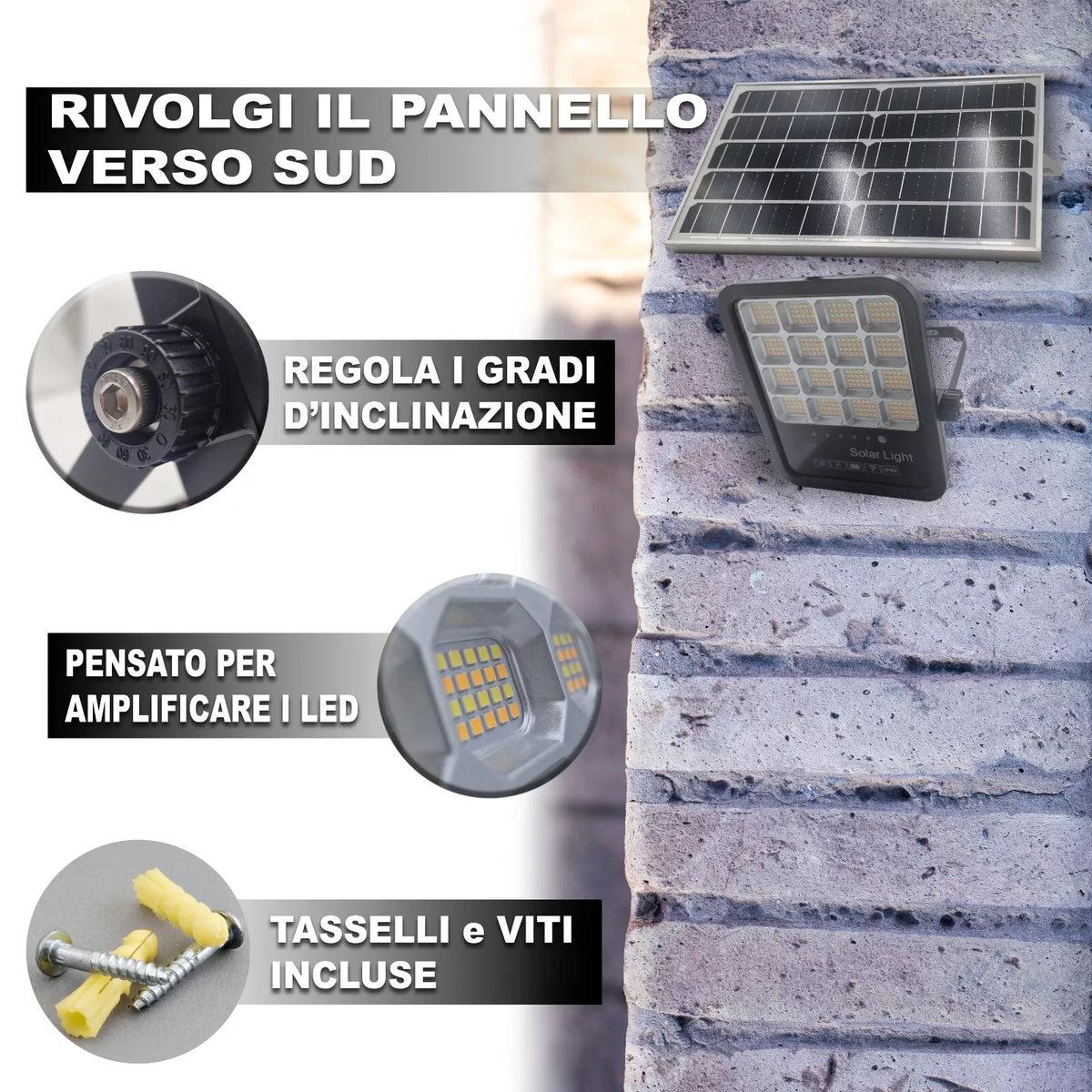 Faro LED Solare da Esterno con Pannello Fotovoltaico
