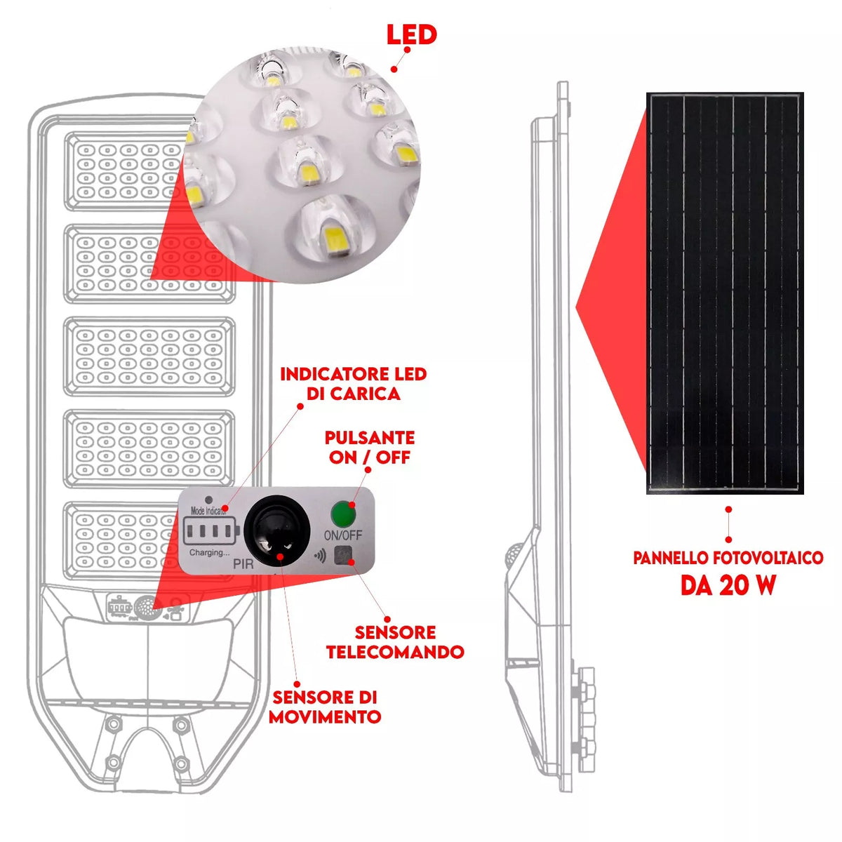 Lampione stradale solare 270W con pannello, telecomando e sensore