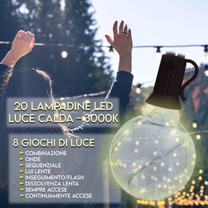 Catena Luminosa Esterno Solare LED 8M  IP54 Impermeabile 20 Luci 7 Giochi di Luce