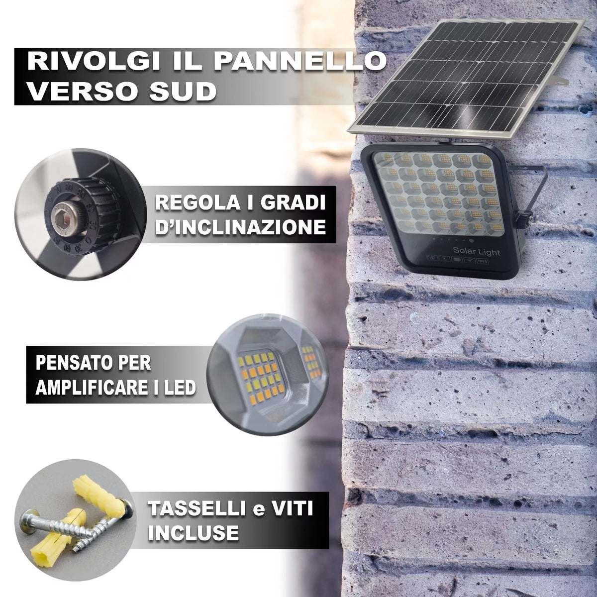 Faro LED Solare da Esterno con Pannello Fotovoltaico