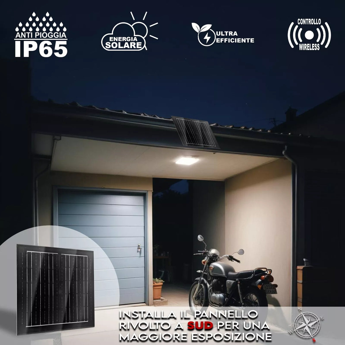 Faro LED Solare 7000K  Controllo Wireless Impermeabile