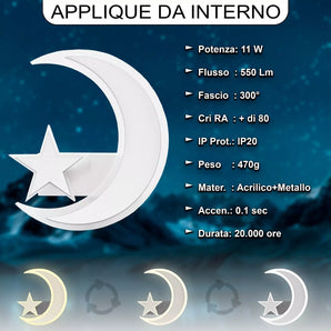 Applique LED da Parete Luna e Stella, 11W, 3 Colori, Design Moderno