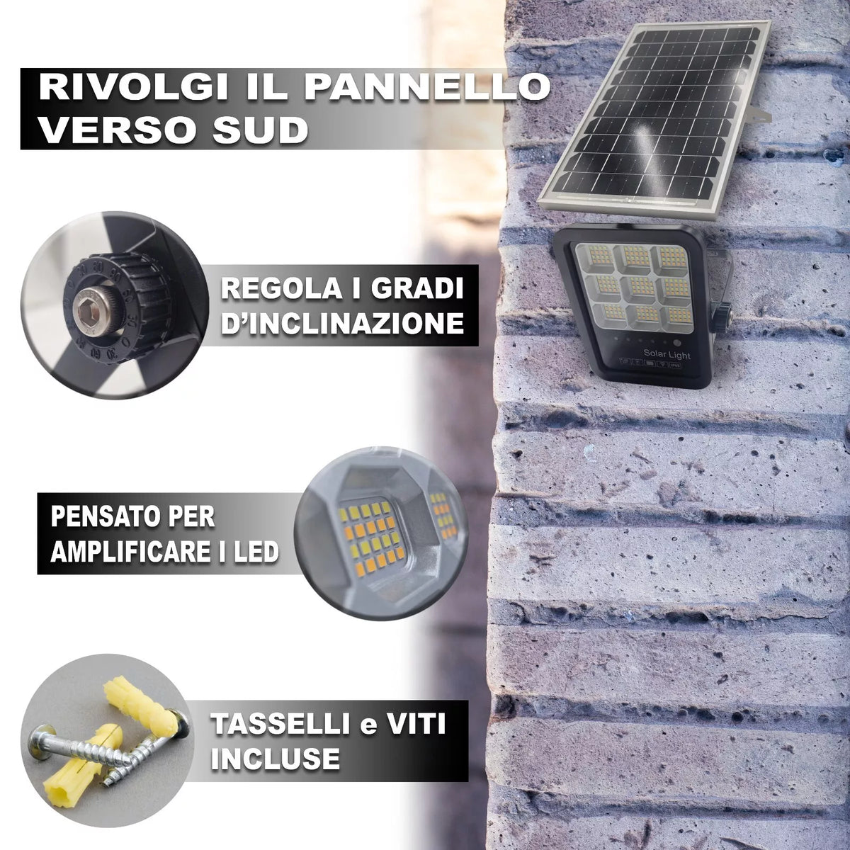 Faro LED Solare da Esterno con Pannello Fotovoltaico