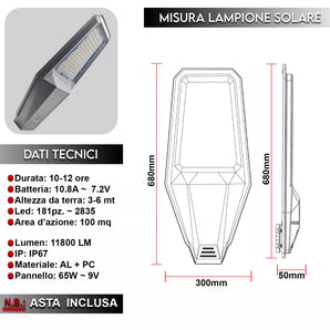 Lampione Solare LED con Palo 12H Autonomia Sensore Crepuscolare Telecomando