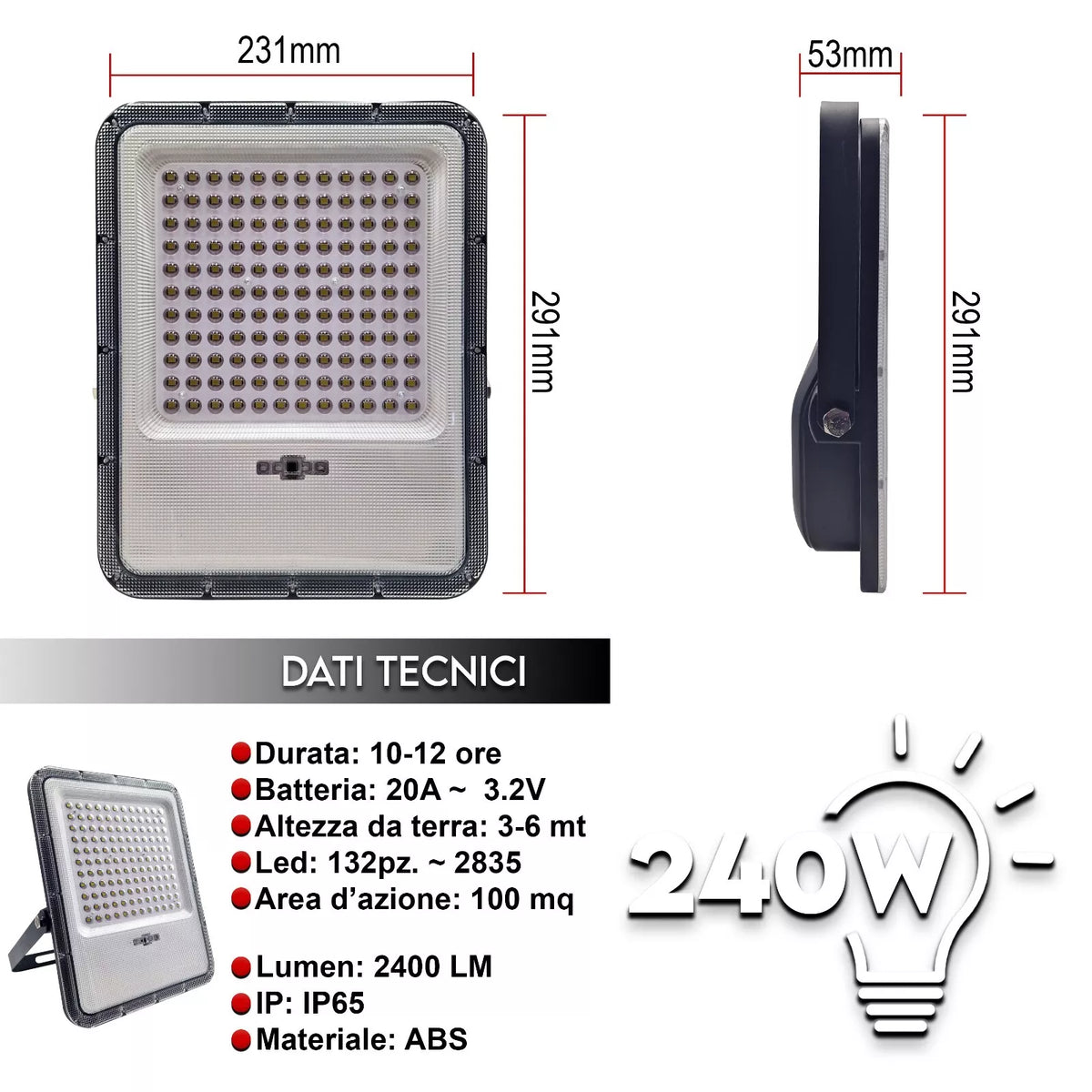 Faro LED Solare 7000K  Controllo Wireless Impermeabile