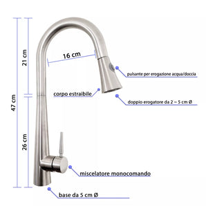 Rubinetto Cucina in Acciaio Inox Direzionabile con Miscelatore Estraibile