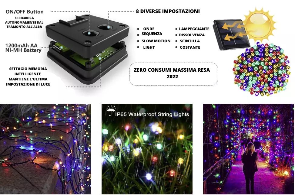 Catena Luminosa Solare 7M 100 LED Colorate per Esterno, 8 Modalità vari colori disponibili
