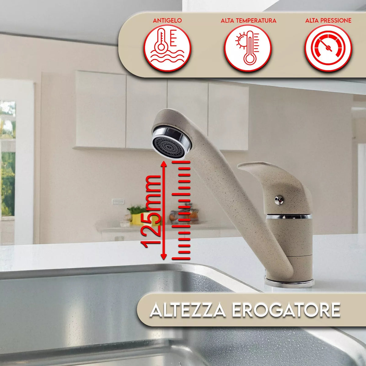 Maka Miscelatore Cucina Lavabo Fraganite Avena 12.5CM, Canna Bassa 360°