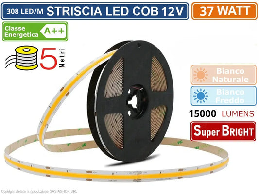 Striscia LED COB 308L/M 37W 12V 5M 15000LM Dimmerabile Adesiva