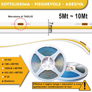 Striscia LED COB 24V Dimmerabile 10m IP20 Bianco caldo Naturale Freddo con Trasformatore 200W