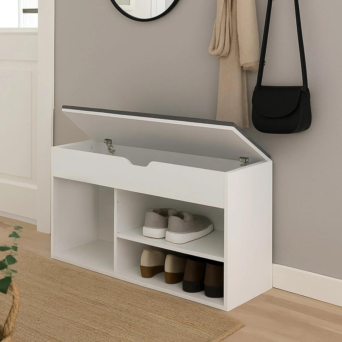Panca scarpiera con seduta imbottita 4 scomparti bianco o rovere