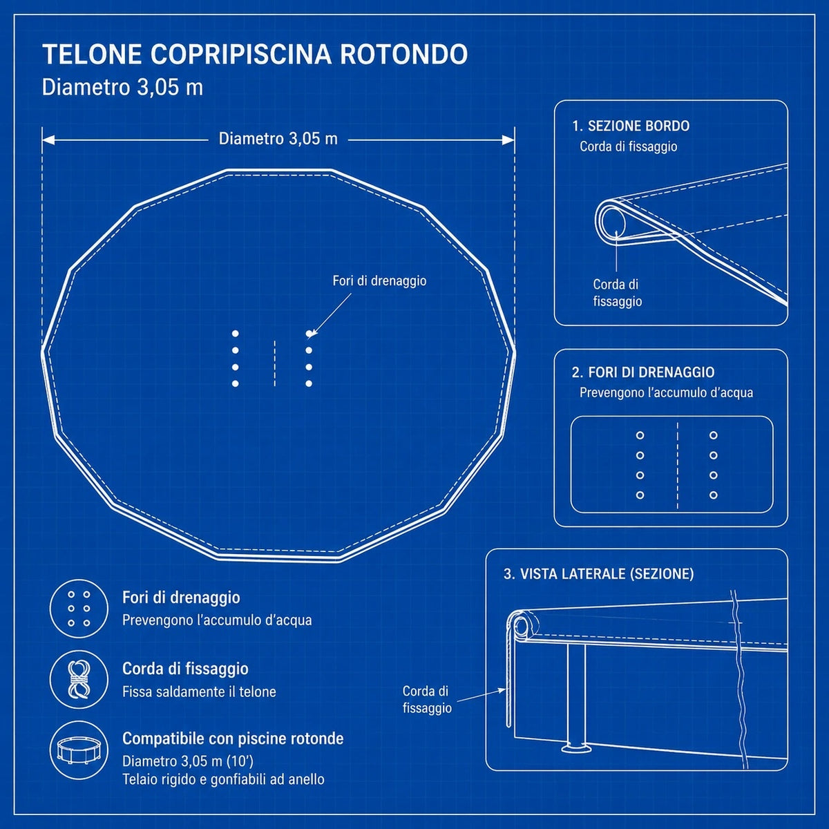 Copertura Piscina Rotonda 3,05 m con Corda e Fori Drenaggio