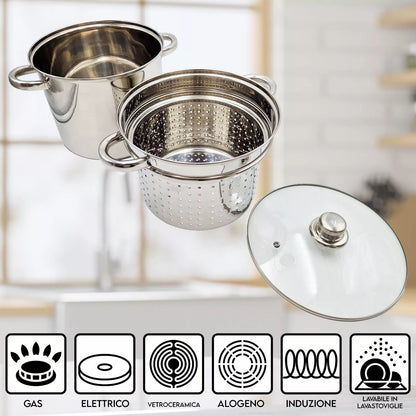 Cuocipasta Spaghettiera 24cm in Acciaio Inox con Coperchio e Colapasta