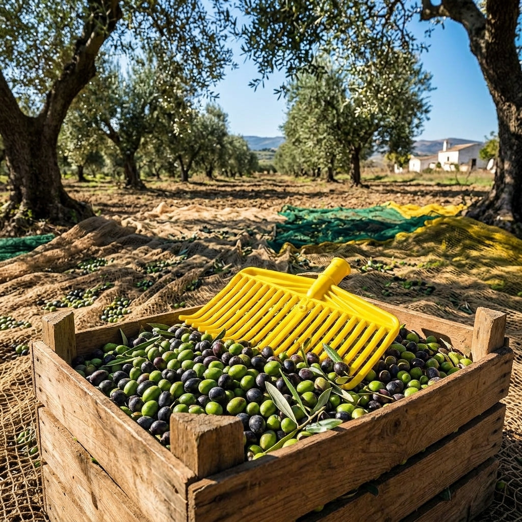Scopa raccogli olive gialla appoggiata su cassetta di olive raccolte