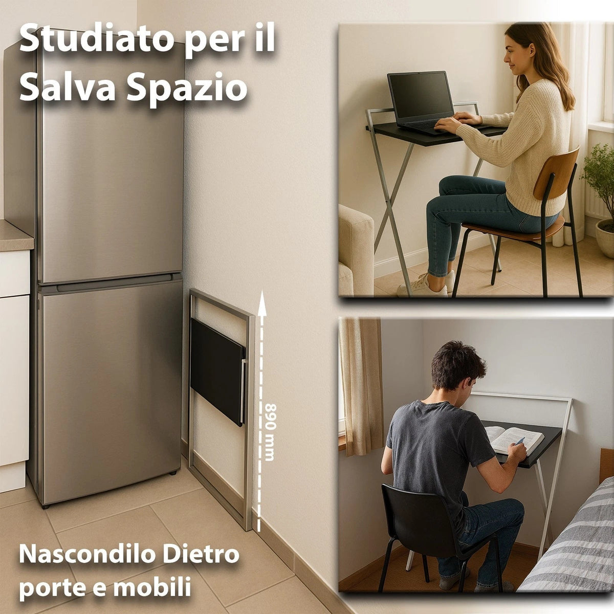 Scrivanie Pieghevoli Salvaspazio in Metallo e Legno Nero 2 pezzi